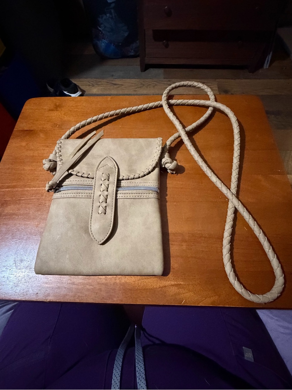 Compact Tan Crossbody Shoulder Bag with Braided Strap